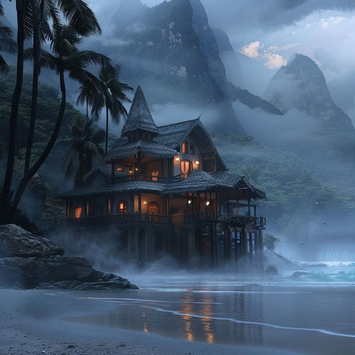 Beach house with misty mountains
