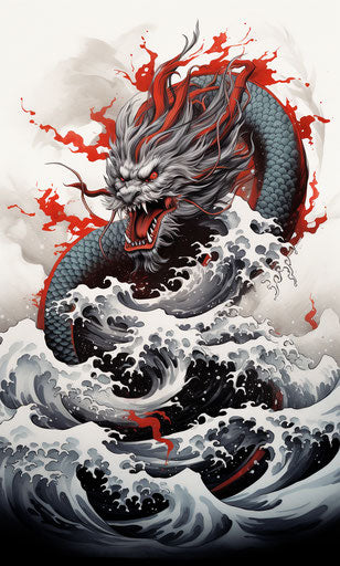 Japanese dragon tattoo, silver and red style, reefwave