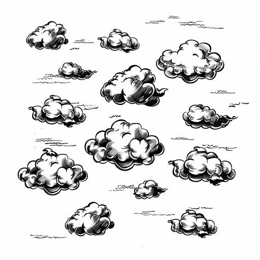 Scattered cloud tattoos in stencil style on white background