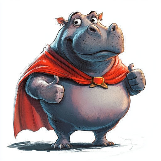 Humorous caricature of a hippo with human characteristics