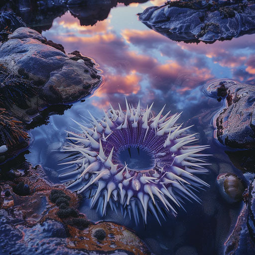 Sea urchin in a tide pool reflecting the colors of the sky