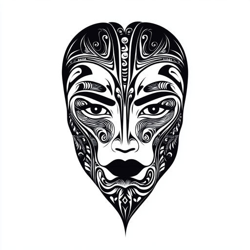 Maori face tattoo in black ink on white background