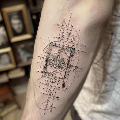 Modern flat tattoo sketch of a GPS device with coordinates to a hidden treasure