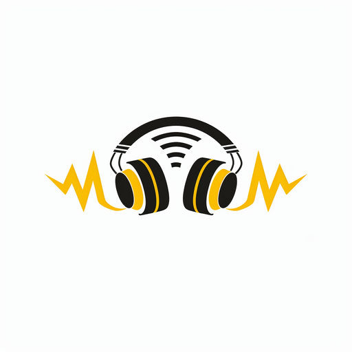 Audio logo in black and yellow with a sleek white background