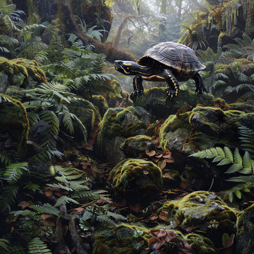 Turtle climbing over moss-covered rocks in a lush fern-filled woodland