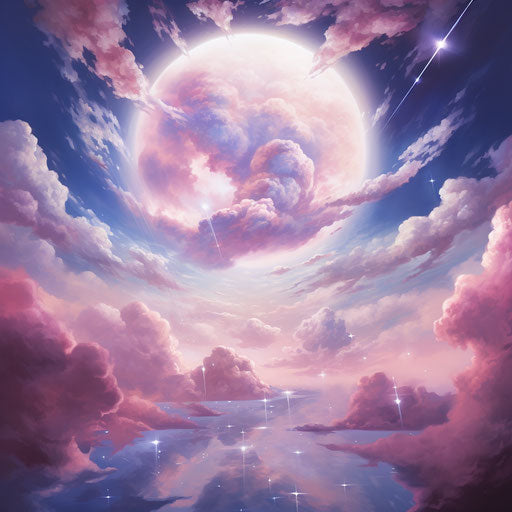 Whimsical sky with pink, blue, and white cloud