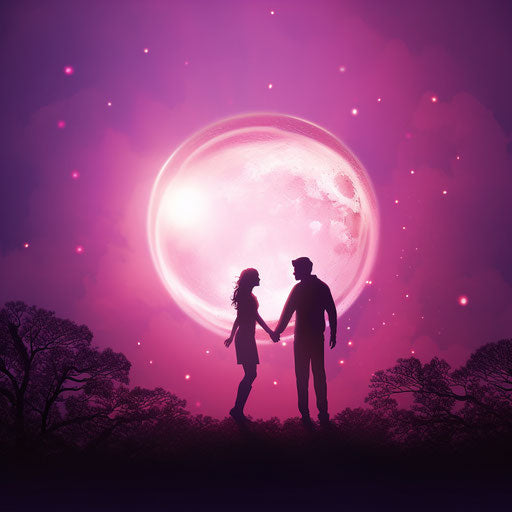 Silhouette of couple holding hands by the moon, magenta and violet