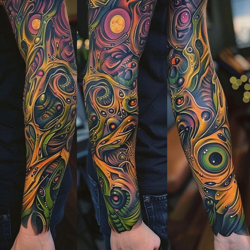 Vibrant psychedelic biomechanical sleeve tattoo design for women