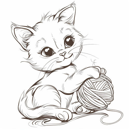Cartoon cat with a ball of yarn. Coloring book page