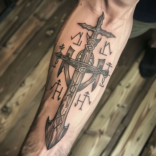 Norse-inspired trident tattoo with runes and wood carving texture, on white