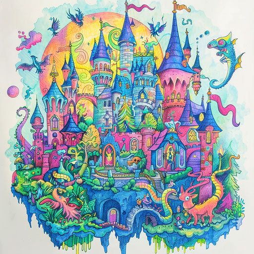 Fairy-tale castle surrounded by magical creatures