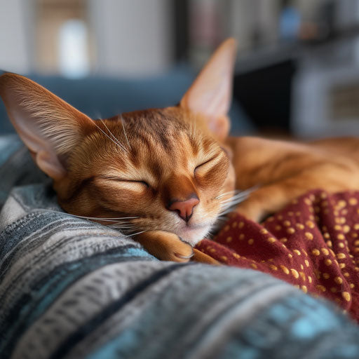 Abyssinian cat sleeping on a couch with its owner