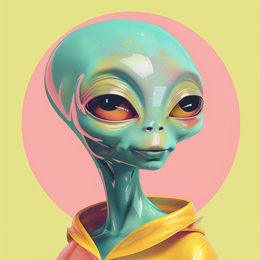 Photo realistic style alien clipart with flat random color background