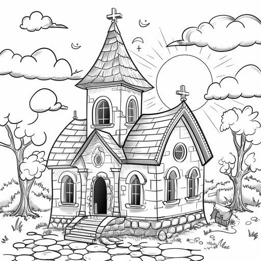 Cartoon church with smiling faces and open doors