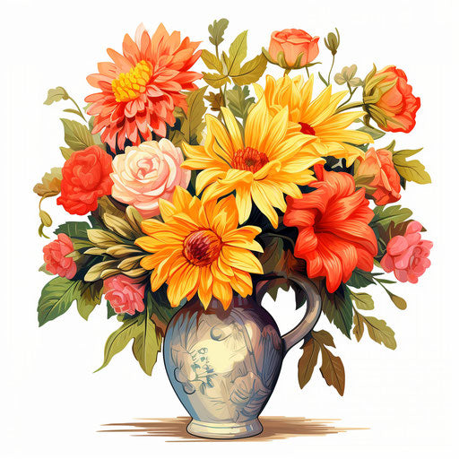 Oil painting style of flower vase on white background