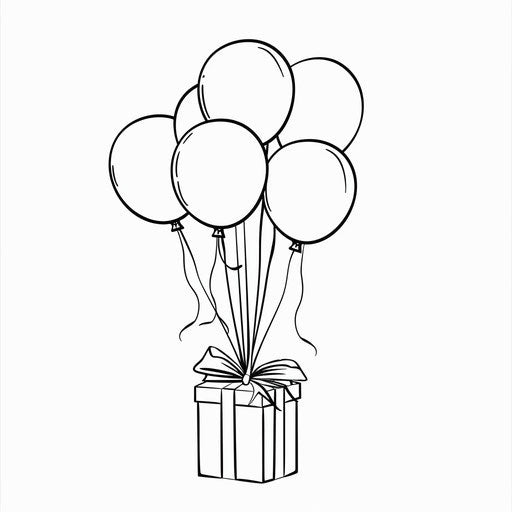 Balloons tied to a gift box - Coloring book page