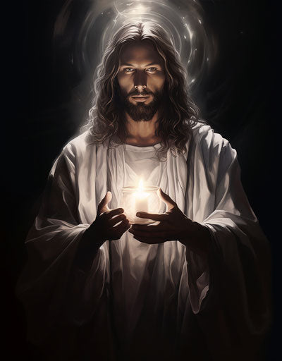 Jesus reaching his hand in candlelight