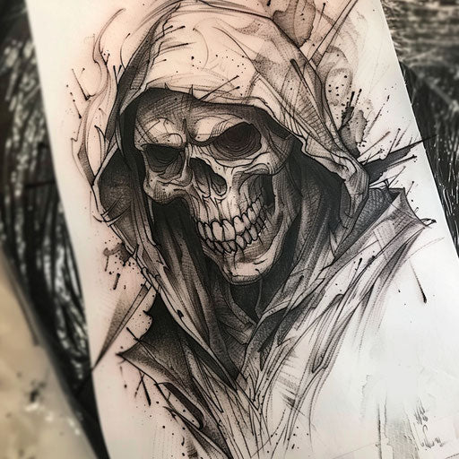 Terrifying reaper tattoo on white paper