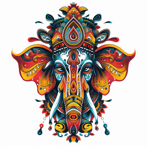 Bold and colorful tattoo sketch of Ganesha, flat clipart style with abstract patterns