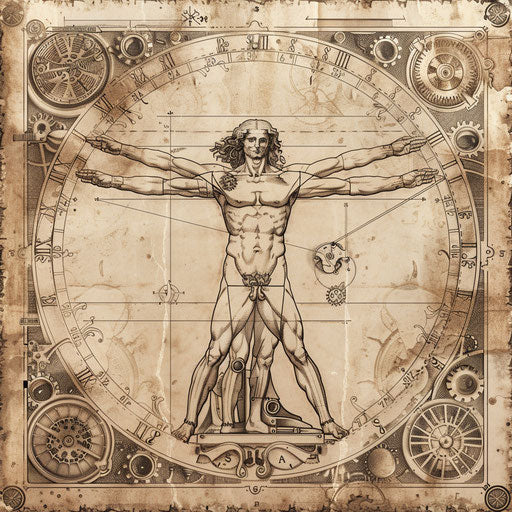 Nostalgic tattoo sketch of the Vitruvian Man with vintage clockworks elements, sepia tones, steampunk clipart style