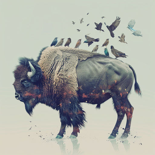 A bison with birds perched on its back