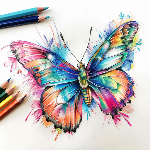 Vibrant sketch of a butterfly with realistic wings in bright tones