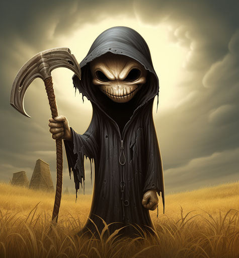Portrait of a grim reaper with a grinning scythe