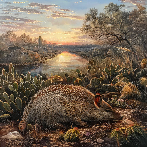 Javelina at a tranquil riverbank