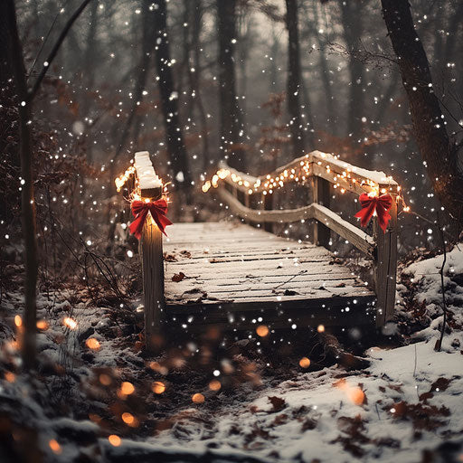 Wooden bridge in forest with white lights and red bows