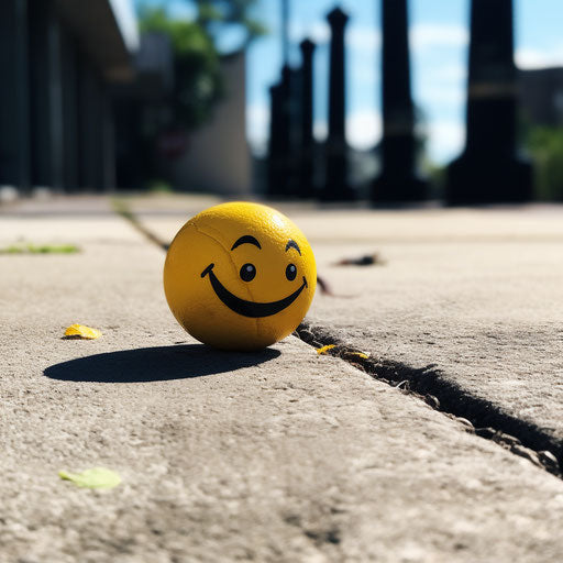 A smiling yellow ball on the sidewalk