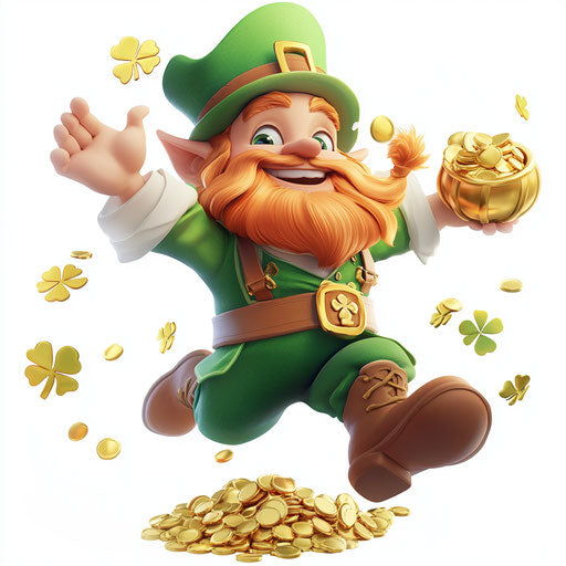 Leprechaun dancing with a pot of gold on white background, clipart style