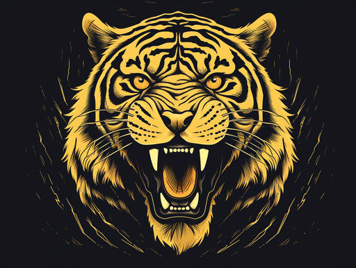 Black and gold tiger portrait on light background, bold outline style