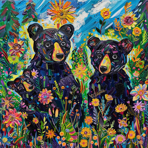 Family of bears playing in a field of wildflowers