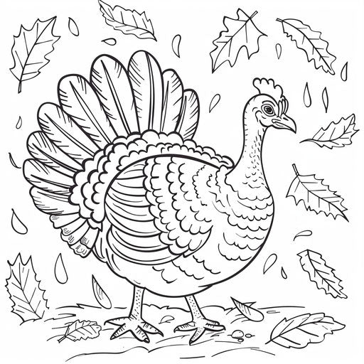 Easy coloring of a turkey surrounded by fall leaves