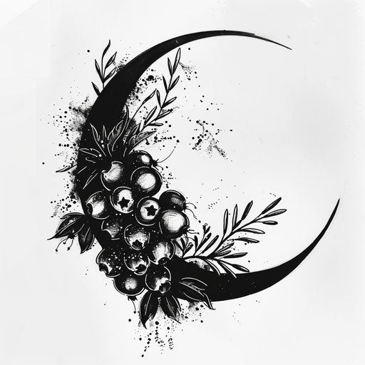 Bold and dark flat tattoo sketch with a cluster of jagua berries silhouetted against the moon