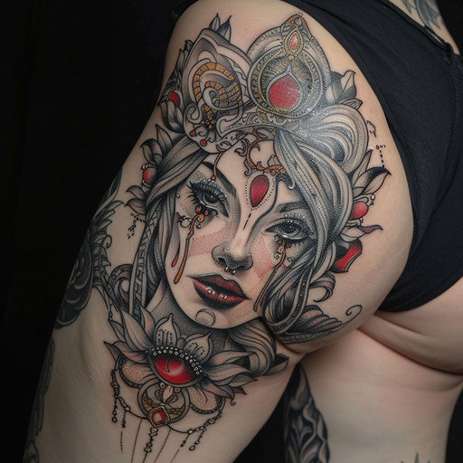Intricate female tattoos in the style of Guy Aitchison