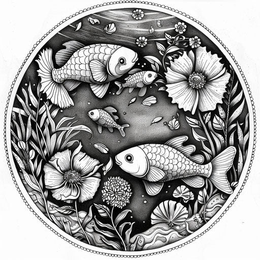 Whimsical scene of circular fish swimming in a pond