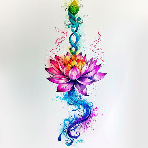 Vibrant neon unalome and lotus tattoo