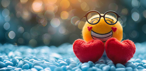 The emoticon with glasses holding red hearts, in dark yellow and light indigo style, lovely 39:19