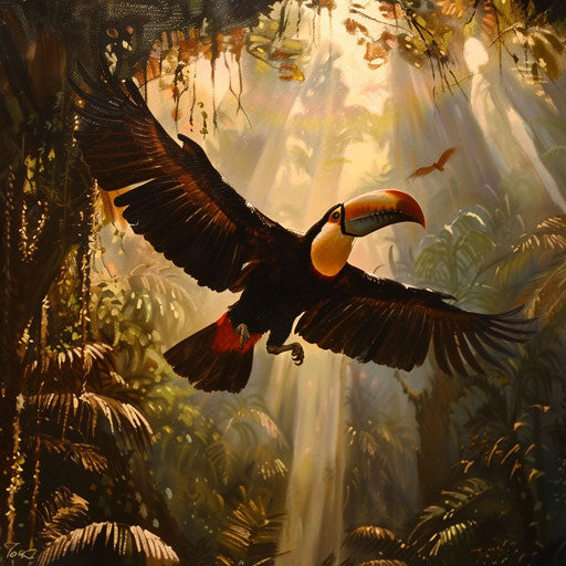 Toucan flying over the canopy of an ancient rainforest