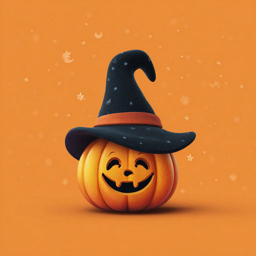 A cheerful pumpkin wearing a witch's hat