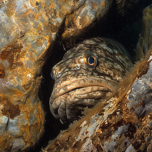 The face of a Warsaw grouper peeking out from behind a large, ancient underwater rock formation
