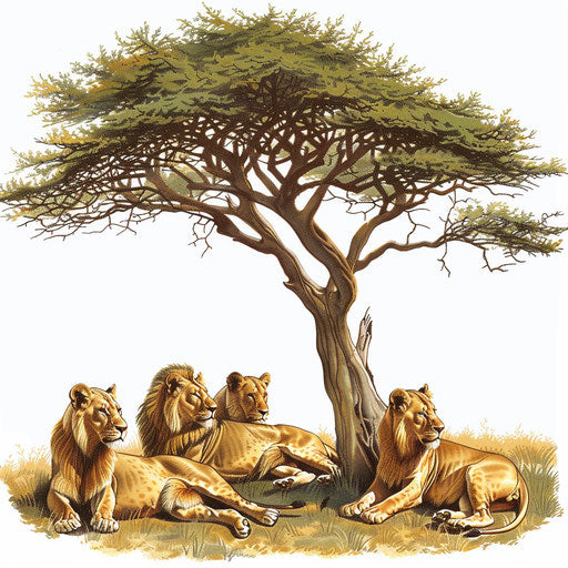 Resting lions under acacia