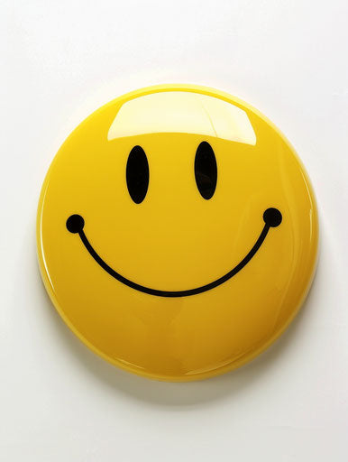 Yellow emoticion face print with shiny eyes on white
