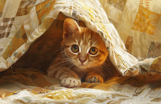 Kitten playing under a quilt