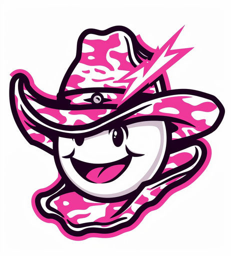 Pink and white vector logo of a happy emoji wearing a cowboy hat