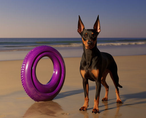 Doberman dog with purple frisbee in the sand by the water