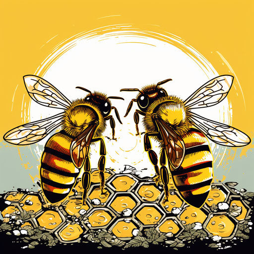 Bees on honeycomb illustration of a drawing in pop art style
