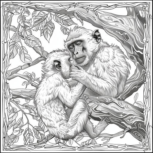 Family of monkeys grooming in a tree