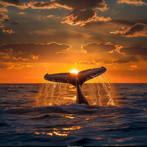 Whale tail disappearing in ocean at sunset